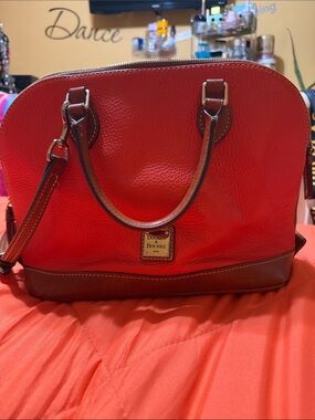 Dooney & Bourke Red Pebbled Leather Dome Satchel with Brown Trim